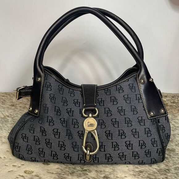 Dooney & Bourke Signature Logo Lock Satchel Black Navy Designer Purse Monogram - Picture 1 of 9